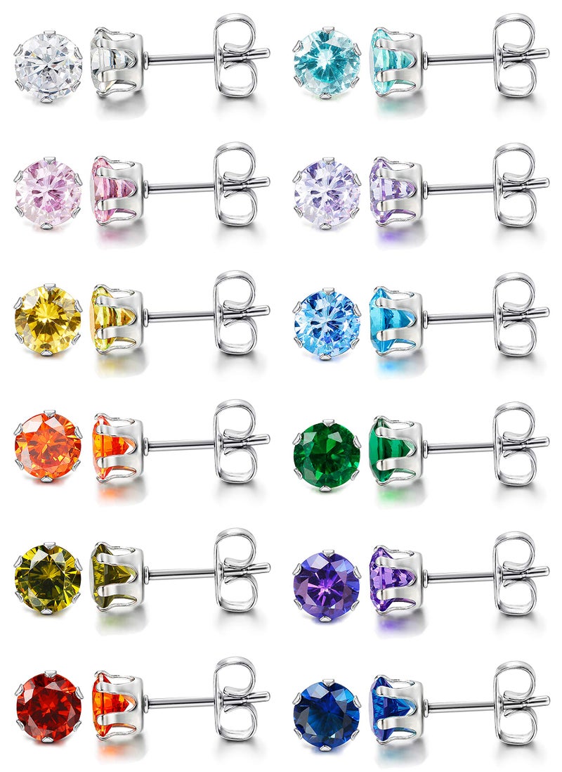 LOYALLOOK 12 Pairs Stainless Steel Round Cubic Zirconia Birthstone Stud Earrings for Women 7mm - Image 1