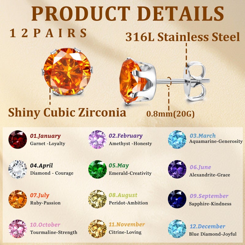 LOYALLOOK 12 Pairs Stainless Steel Round Cubic Zirconia Birthstone Stud Earrings for Women 7mm - Image 2