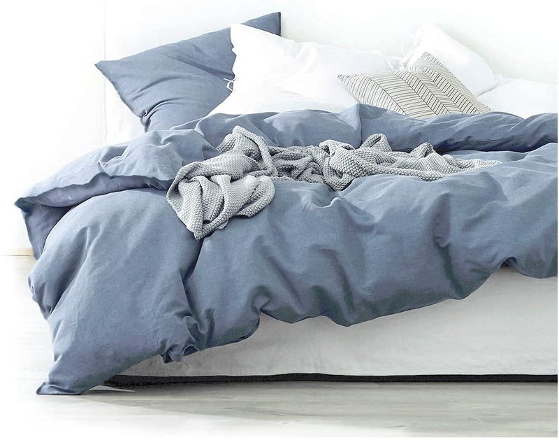 Eikei Washed Cotton Chambray Duvet Cover Solid Color Casual Modern Style Bedding Set Relaxed Soft Feel Natural Wrinkled Look Denim Super King