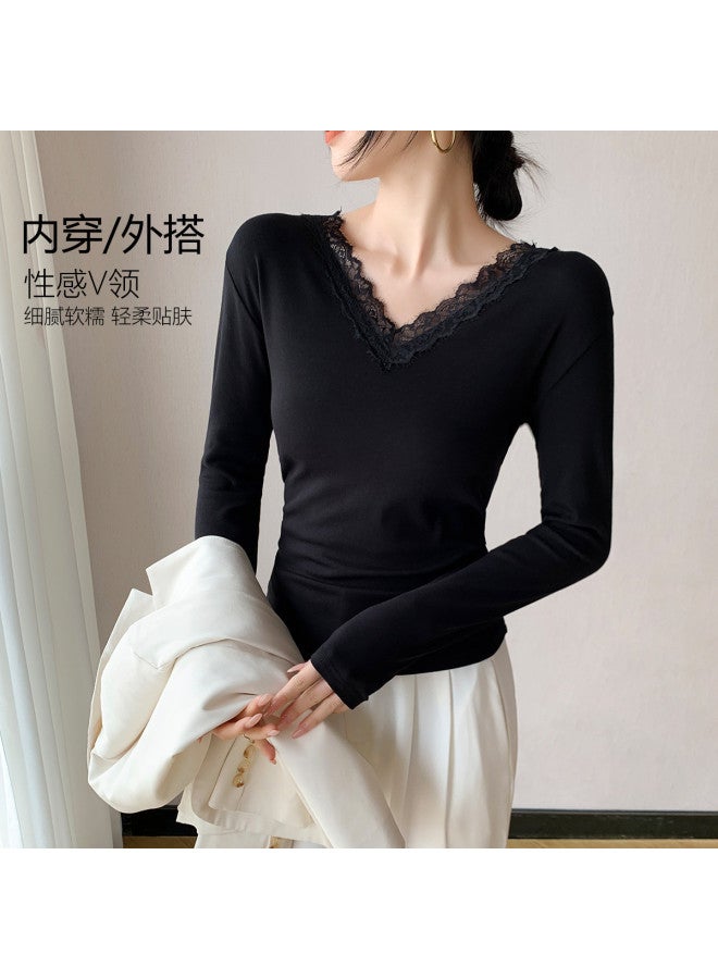 Top melon New Autumn V-Neck Lace Women'S Top, Base Layer Shirt For Women - Image 3