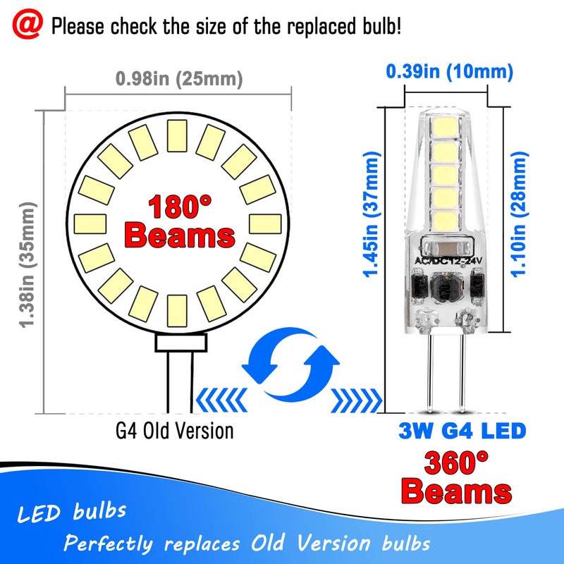 Heifymi G4 LED Bulb 12-24V AC/DC 3W Daylight 6000K 20W Halogen Bulb Equivalent T3 JC Bi-Pin Base Ceiling Recessed Puck Light for RV Camper Trailer Marine Boat Motorhome, 5 Pack - Image 4