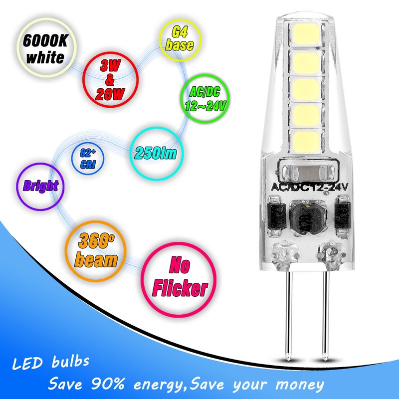 Heifymi G4 LED Bulb 12-24V AC/DC 3W Daylight 6000K 20W Halogen Bulb Equivalent T3 JC Bi-Pin Base Ceiling Recessed Puck Light for RV Camper Trailer Marine Boat Motorhome, 5 Pack - Image 5