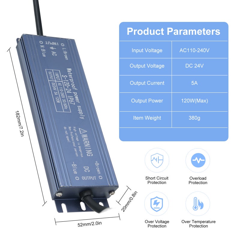 IP67 Waterproof LED Driver Switch Power Supply Transformer Adapter AC 110V-240V to DC 24V 120W Constant Voltage Output for LED Strip Light Outdoor Lightbox Signboard - Image 2