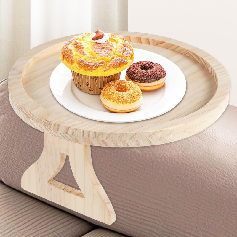 Gatphy Sofa Side Arm Tray, Wooden Couch Arm Table Clip On Tray Foldable Armrest Side Tables Space Saving Round Sofa Side Tables Organiser for Drinks Snack Phone Magazine Remote - Image 1