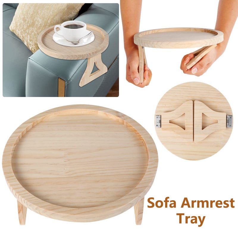 Gatphy Sofa Side Arm Tray, Wooden Couch Arm Table Clip On Tray Foldable Armrest Side Tables Space Saving Round Sofa Side Tables Organiser for Drinks Snack Phone Magazine Remote - Image 3