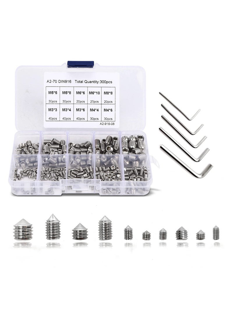 غنافوتو 300 قطعة من مسامير التثبيت المخروطية المختلطة، ومسامير متنوعة من الفولاذ المقاوم للصدأ ذات خيوط مترية، ومجموعة مسامير بدون رأس، ومسامير M3 M4 M5 M6 M8 متنوعة مع 5 قطع من مفاتيح ألين. - Image 1
