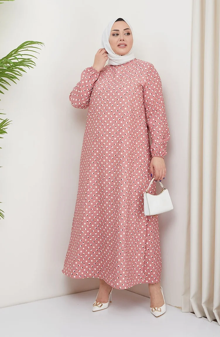 Sefa Merve Plus Size Polka Dot Patterned Dress 0707-02 Powder