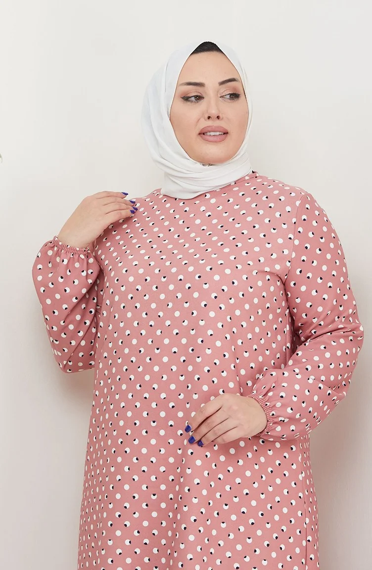 Sefa Merve Plus Size Polka Dot Patterned Dress 0707-02 Powder
