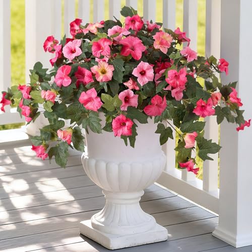 Ammyoo Artificial Fake Petunia Flowers for Outdoor Decoration 2PCS Faux Silk Petunias Flower for Spring UV Resistant No Fade Realistic Plants for Garden Balcony Yard Porch Indoor DecorDouble Pink - Image 1