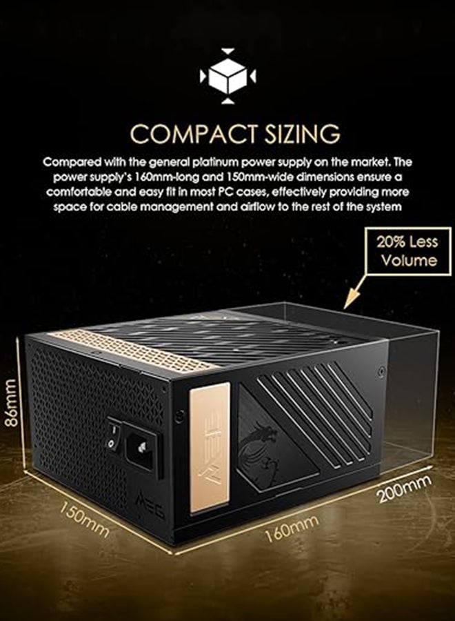 MSI MEG Ai1300P PCIE 5 & ATX 3.0 Gaming Power Supply - Full Modular - 80 Plus Platinum Certified 1300W - 100% Japanese 105°C Capacitors - Compact Size - ATX PSU - Image 4