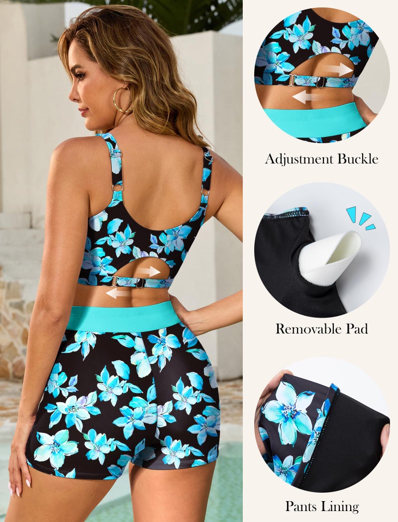Arolina Womens Tankini Modest Swimsuits for Women Tummy Control Bathing Suits with Swim Top and Shorts L Blue Flowers - Image 5