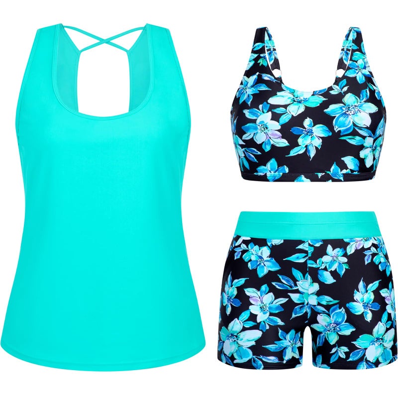 Arolina Womens Tankini Modest Swimsuits for Women Tummy Control Bathing Suits with Swim Top and Shorts L Blue Flowers - Image 1