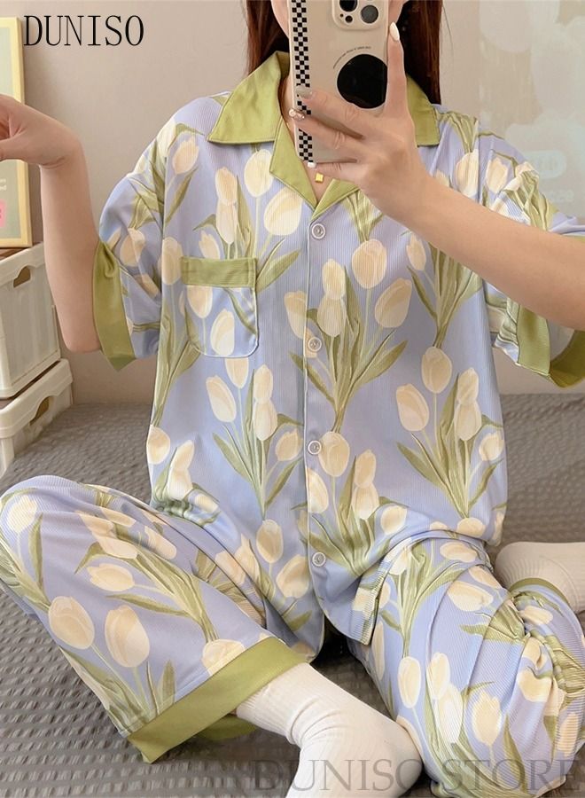 DUNISO 3-Piece Women's Soft Pajamas Set Short Sleeve Silky Sleepwear Loungewear Button-Down Night Suit Summer And Autumn Night Wear Long Sleeve Top And 2 PCS Pants Loungewear Sets - Image 5