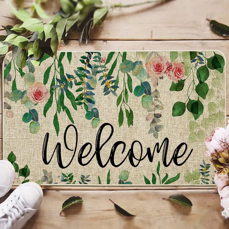 ORTIGIA Welcome Doormat Spring Summer Eucalyptus Leaves Floral Doormat Outdoor Outside Indoor Entrance Mat Non-Slip Durable Absorbent Easy Clean Entryway 17x29.5 Inch - Image 2