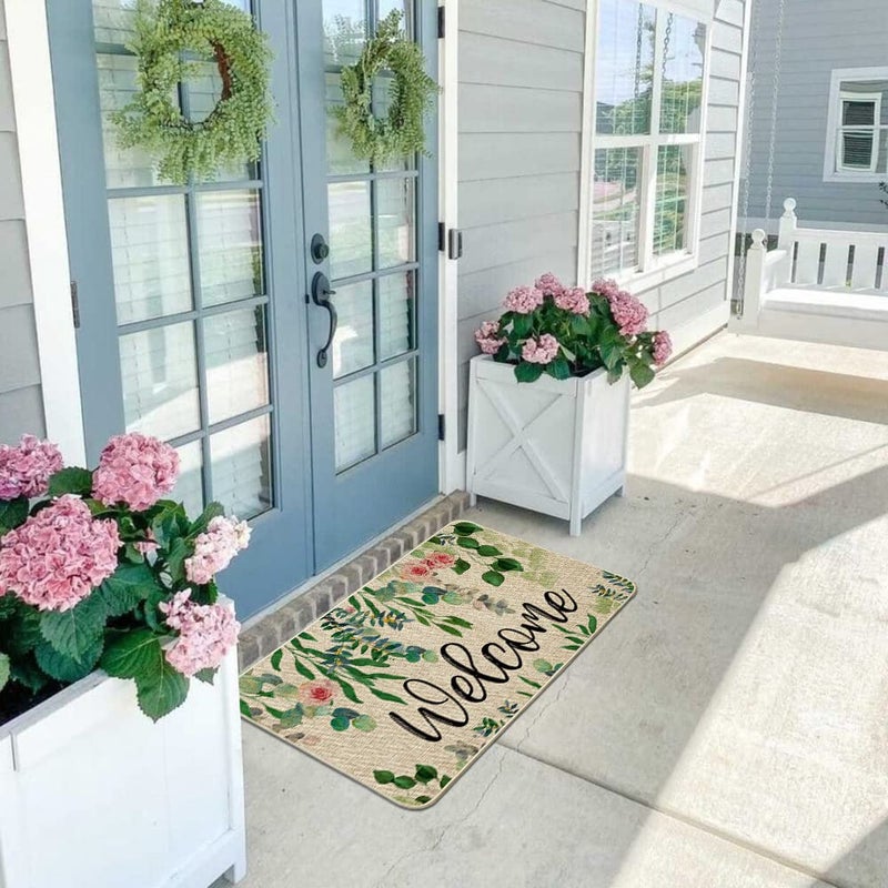 ORTIGIA Welcome Doormat Spring Summer Eucalyptus Leaves Floral Doormat Outdoor Outside Indoor Entrance Mat Non-Slip Durable Absorbent Easy Clean Entryway 17x29.5 Inch - Image 4