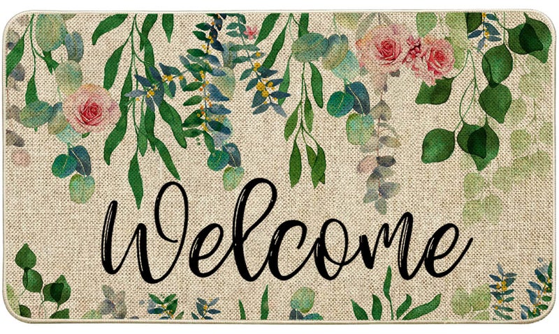 ORTIGIA Welcome Doormat Spring Summer Eucalyptus Leaves Floral Doormat Outdoor Outside Indoor Entrance Mat Non-Slip Durable Absorbent Easy Clean Entryway 17x29.5 Inch - Image 1