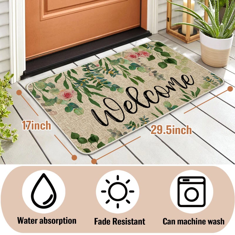 ORTIGIA Welcome Doormat Spring Summer Eucalyptus Leaves Floral Doormat Outdoor Outside Indoor Entrance Mat Non-Slip Durable Absorbent Easy Clean Entryway 17x29.5 Inch - Image 5
