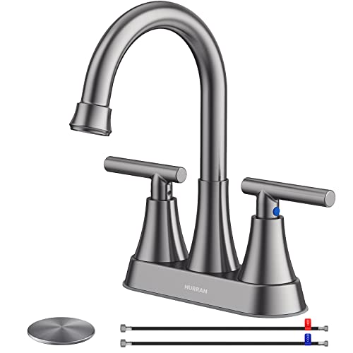 Hurran Bathroom Faucets for Sink 3 Hole, Hurran 4 inch Brushed Grey Bathroom Sink Faucet with Pop-up Drain and Supply Hoses, Stainless Steel Lead-Free Centerset Touch On Faucets for Vanity RV - Image 1
