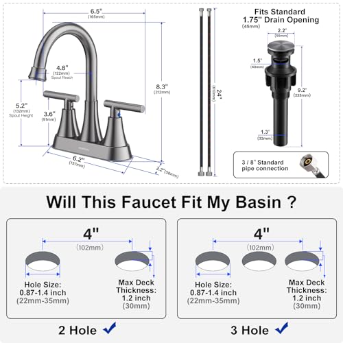 Hurran Bathroom Faucets for Sink 3 Hole, Hurran 4 inch Brushed Grey Bathroom Sink Faucet with Pop-up Drain and Supply Hoses, Stainless Steel Lead-Free Centerset Touch On Faucets for Vanity RV - Image 5
