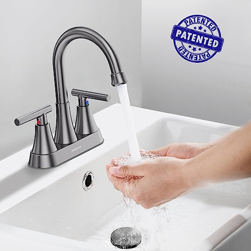 Hurran Bathroom Faucets for Sink 3 Hole, Hurran 4 inch Brushed Grey Bathroom Sink Faucet with Pop-up Drain and Supply Hoses, Stainless Steel Lead-Free Centerset Touch On Faucets for Vanity RV - Image 2