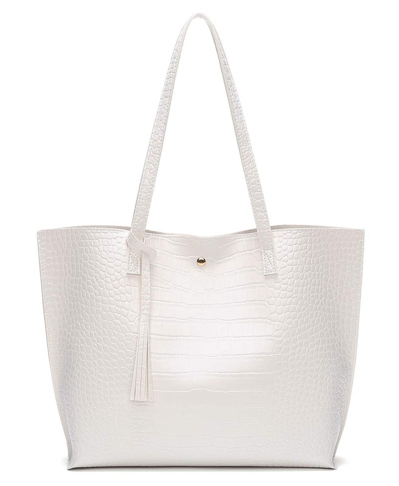 Dreubea Women's Soft Faux Leather Tote Shoulder Bag from, Big Capacity Tassel Handbag White-cro - Image 1