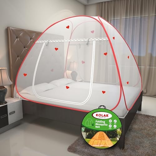 Kolar Mosquito Net for Double Bed | Foldable King Size Machardani | Heart Design | Polyester | Durable Tent Type | Corrosion Resistant | Red | 200x200x145cm | Fits 6.5x6.5ft Mattress - Image 1