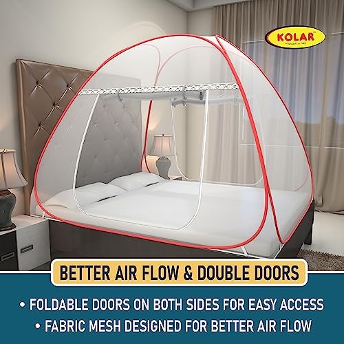 Kolar Mosquito Net for Double Bed | Foldable King Size Machardani | Heart Design | Polyester | Durable Tent Type | Corrosion Resistant | Red | 200x200x145cm | Fits 6.5x6.5ft Mattress - Image 3