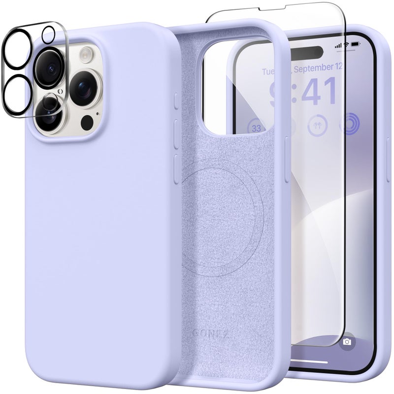 GONEZ for iPhone 15 Pro Max Case Silicone, Compatible with Magsafe, Camera Protector + Screen Protector, Soft Anti-Scratch Microfiber Lining, Liquid Silicone Shockproof Phone Cover, Lilac - Image 1