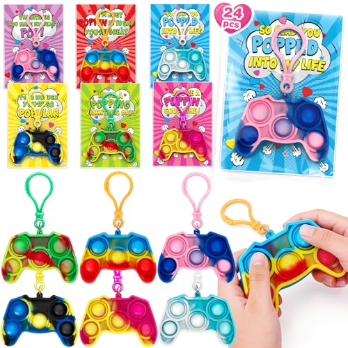 Duchong Valentines Cards for Kids Classroom 24 Packs Game Shape Pop Fidget Keychains Bulk Class Valentines Gifts for Kids School Exchange Prizes Party Favors for Boys Girls - Image 1