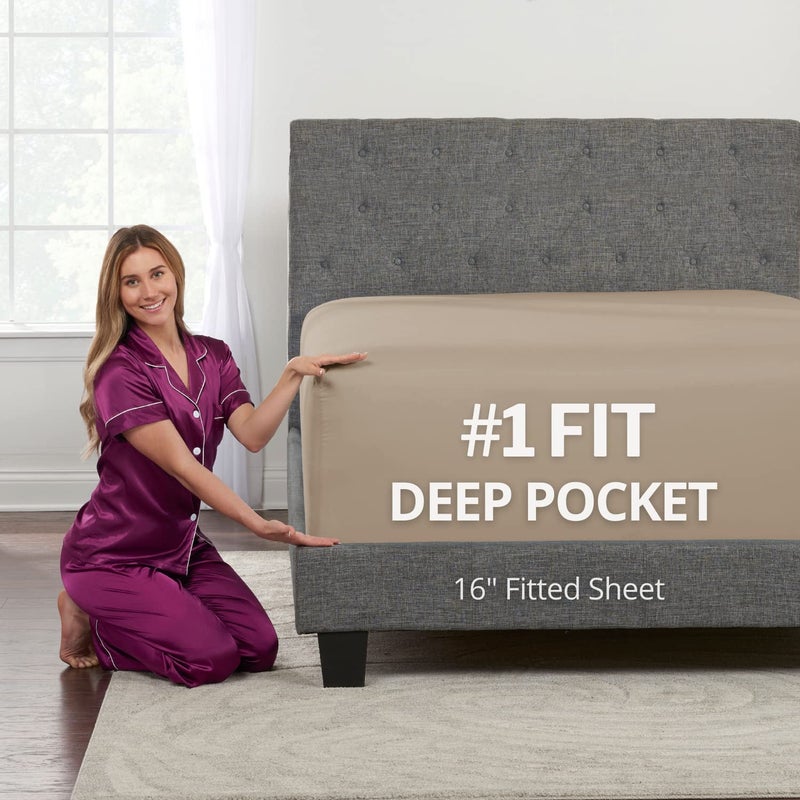 DeaLuxe King Fitted Sheet King Size Fitted Sheet Only Deep Pocket - Real 16  Fitted Bed Sheets Fit Perfectly 14 -18  Deep Mattress & Toppers - Easy Care Lovely Feel - 1 Piece Bottom Fitted Sheet King - Taupe - Image 1