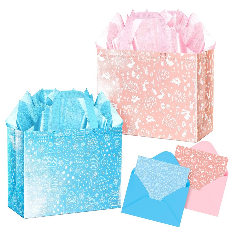 XiaosRen 2Pack Large Happy Easter Gift Bags with Card Envelope and Tissue Paper Reusable NonWoven Bag with Handles for Boys Girls Easter Party Supplies Blue Pink - Image 2