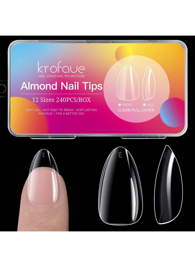 krofaue Short Almond Nails - 240Pcs Almond Clear Nail Tips 12 Sizes Almond Nail Tips, Artificial Acrylic False Nails, Full Cover Press on Nails Almond for Home DIY & Nail Tips Art - Image 1