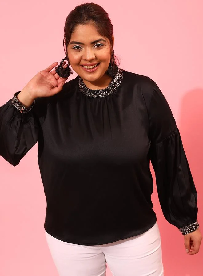 STREET 9 Plus Black Sequined Regular Top