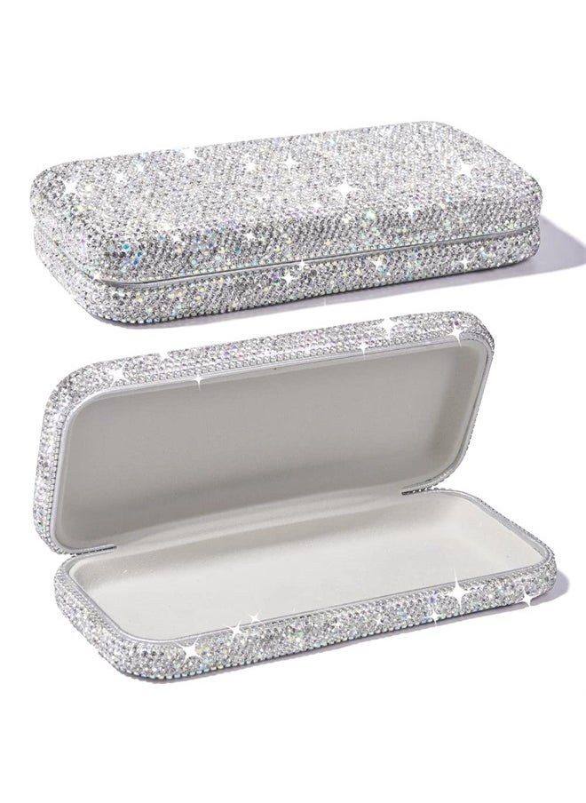 JSCARLIFE Bling Crystal Eyeglasses, Shiny Glasses Case Rhinestone Hard Shell Protective Large Eyeglass Case (Silver)  - Image 1