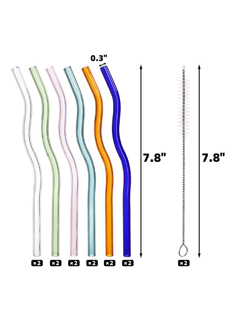 YQbest 12 Pieces Wavy Glass Straws, Colorful Glass Drinking Straw with Cleaning Brushes, Reusable Shatter Resistan Glasses Smoothie Straws for Beverages, Milkshakes, Tea, Juice - Image 2
