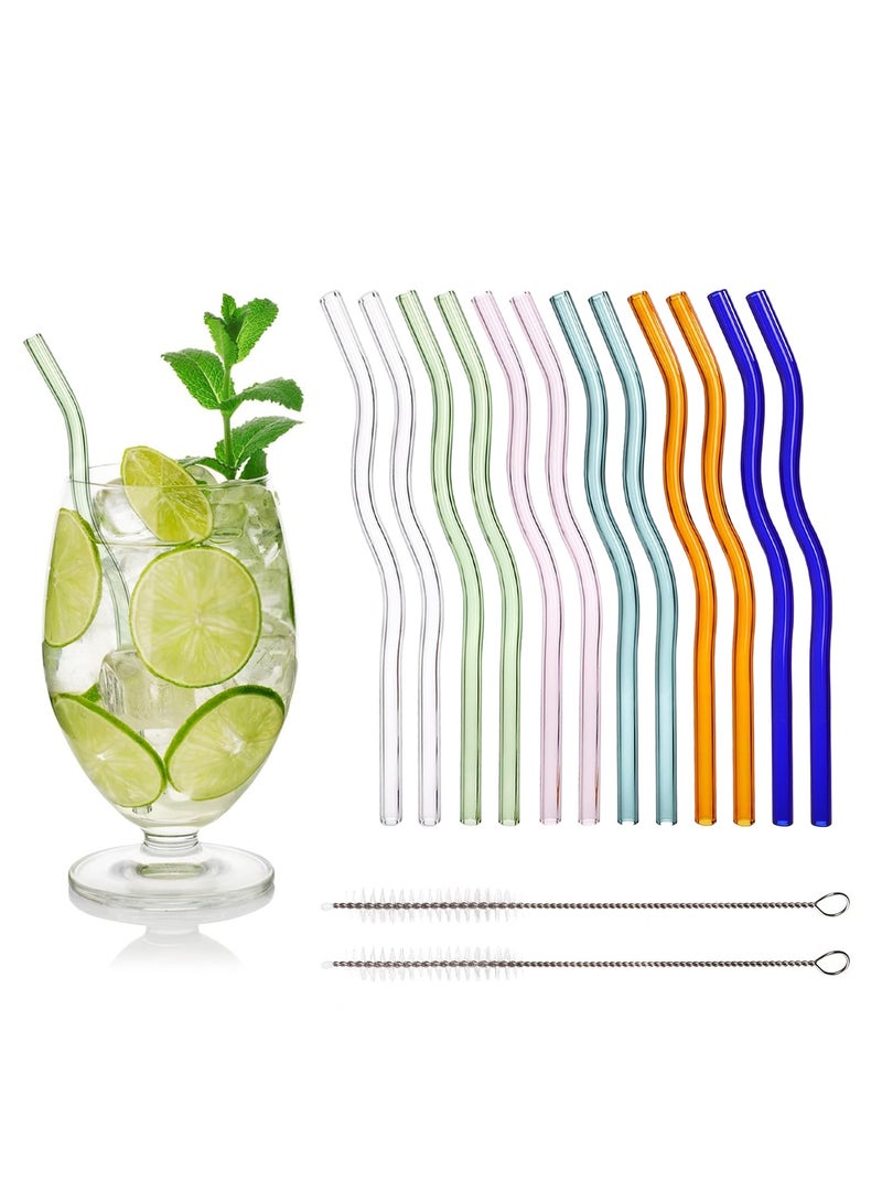 YQbest 12 Pieces Wavy Glass Straws, Colorful Glass Drinking Straw with Cleaning Brushes, Reusable Shatter Resistan Glasses Smoothie Straws for Beverages, Milkshakes, Tea, Juice - Image 1