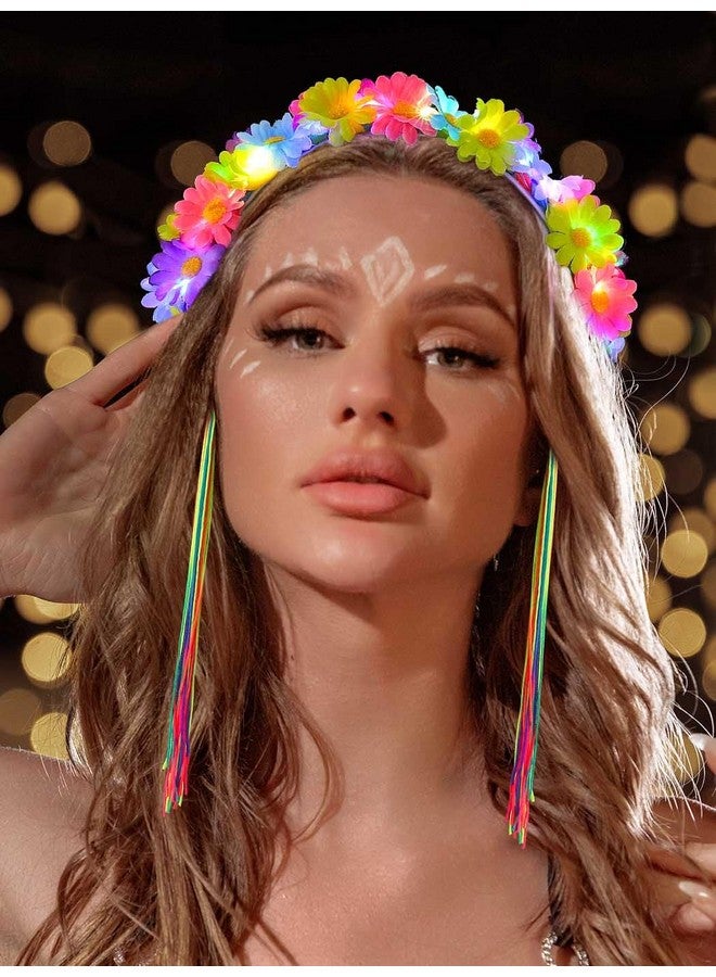JONKY Light Up Daisy Headband Rainbow Hippie Flower Led Headbands Tassel Floral Headpiece Rave Hair Accessories For Women - Image 1