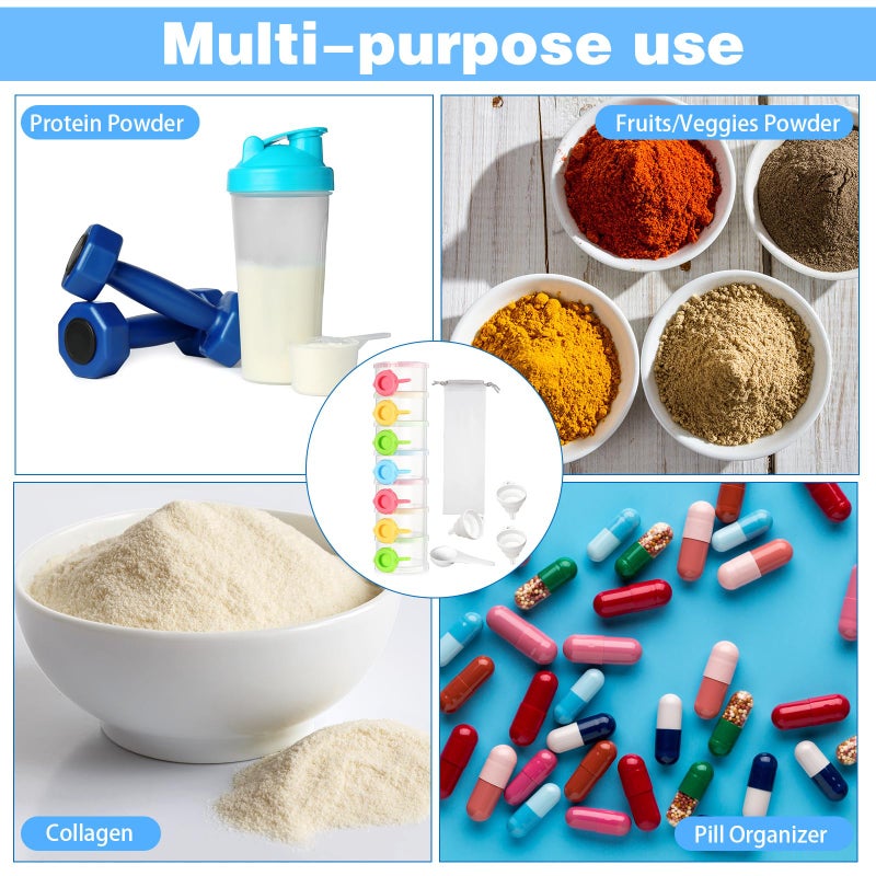 Shinylin Protein Powder Travel Container Set Reusable Powder Supplement Container 7 Pcs Single Dose Cases and 1 Pcs Large Travel Containers Drawstring Bags - Image 3
