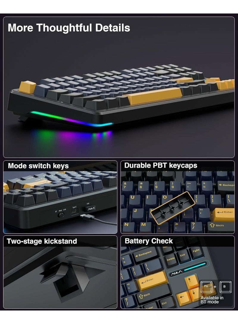 AULA F87 Wireless Mechanical Keyboard,80% TKL Custom Hot Swappable Keyboard, Gasket Mount Gaming Keyboard with PBT Keycaps, Pre-lubed Graywood Switch, 2.4GHz/USB-C/BT5.0 RGB Backlit Mechanical Keyboard - Image 5