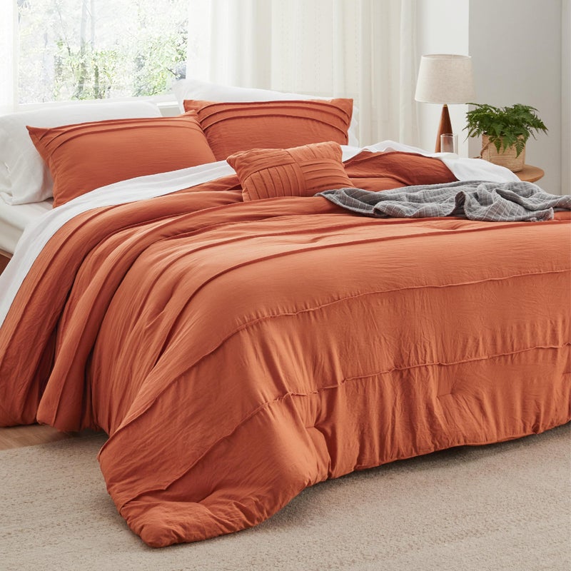 Bedsure California King Comforter Set  4 Pieces Pinch Pleat Bed Set Burnt Orange Boho Bedding for All Season 1 Soft Comforter 2 Pillowcases 1 Decorative Pillow