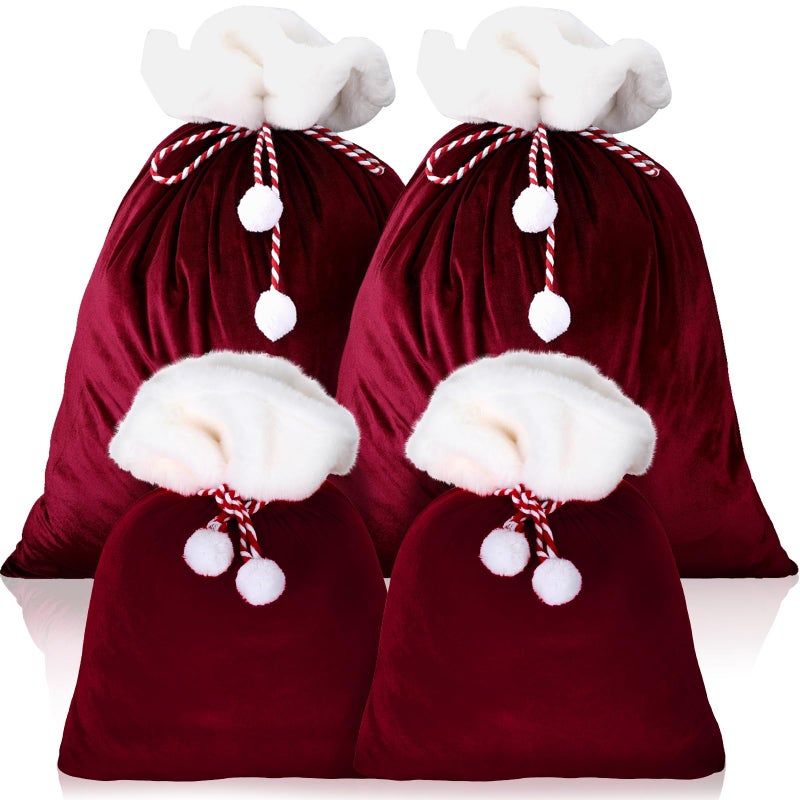 Shappy 4 Pcs Extra Large Velvet Santa Gift Bags Bulk 35 x 28 28 x 20 Luxury Jumbo Gift Sacks with Drawstring Giant Christmas Bags Wrapping for Xmas Toys Santa CostumeWine Red - Image 2