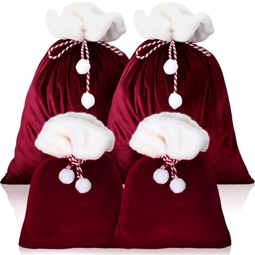 Shappy 4 Pcs Extra Large Velvet Santa Gift Bags Bulk 35 x 28 28 x 20 Luxury Jumbo Gift Sacks with Drawstring Giant Christmas Bags Wrapping for Xmas Toys Santa CostumeWine Red - Image 1