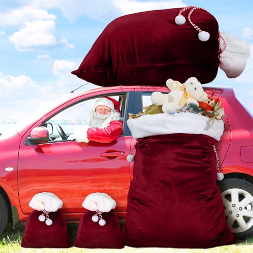 Shappy 4 Pcs Extra Large Velvet Santa Gift Bags Bulk 35 x 28 28 x 20 Luxury Jumbo Gift Sacks with Drawstring Giant Christmas Bags Wrapping for Xmas Toys Santa CostumeWine Red - Image 3