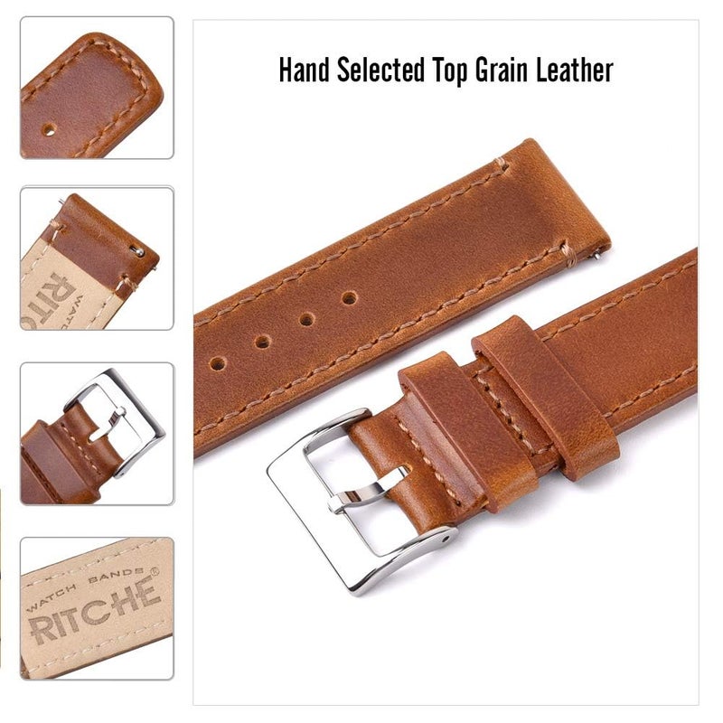 Ritche Leather Watch Strap with Quick Release Pins, 21mm Replacement Watch Band for Men and Women, Fits Smartwatches & Traditional Watches - Image 4