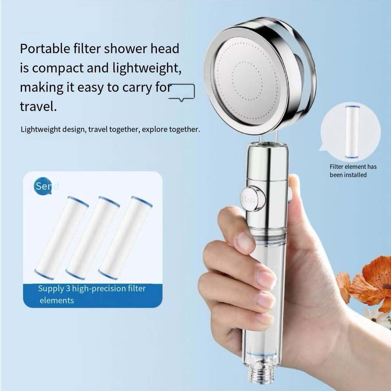 High Pressure Turbo Shower Head, Built-in Water Saving Fan, Shower Headset with Cotton Filter Water Purification and Pause Button, 360° Rotation to Increase Water Pressure in Bathroom - Clear Chrome - Image 1