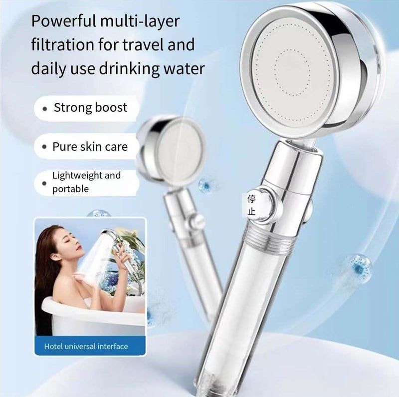 High Pressure Turbo Shower Head, Built-in Water Saving Fan, Shower Headset with Cotton Filter Water Purification and Pause Button, 360° Rotation to Increase Water Pressure in Bathroom - Clear Chrome - Image 2