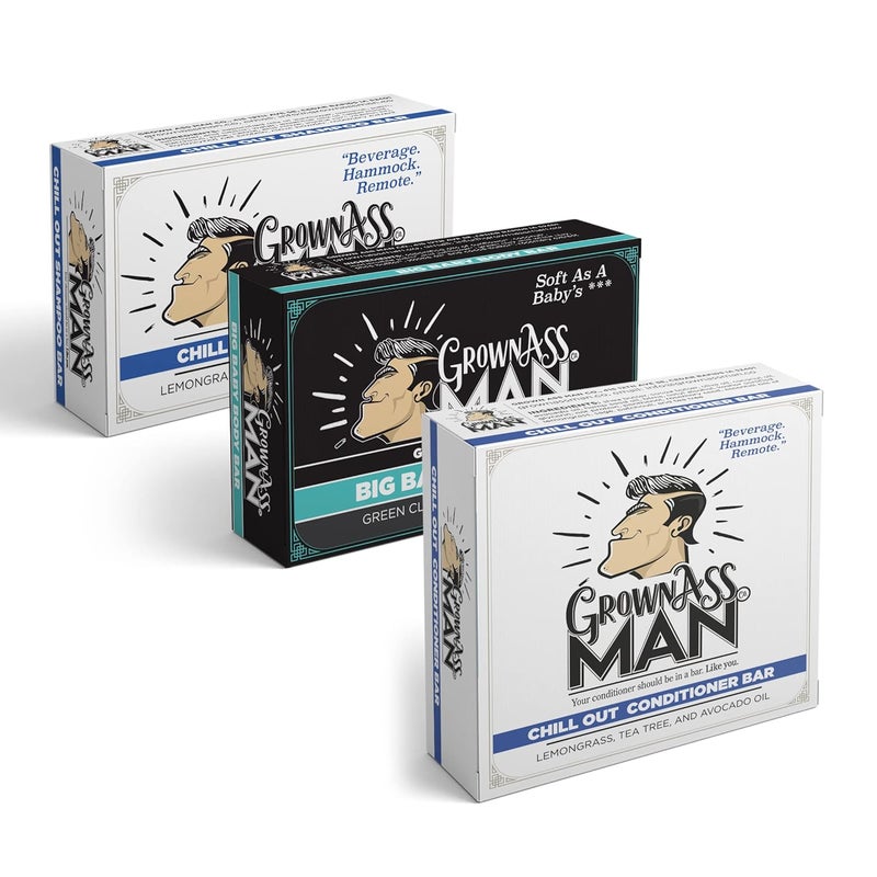 Grown Ass Man Co. Full Bath Bundle For Men  Shampoo Bar Conditioner Bar  Body Bar Pack  Rich Lather with Natural Oils  Plastic Free Sustianable  EcoFriendly Vegan  Organic Deep Clean Soothing 3Pack 