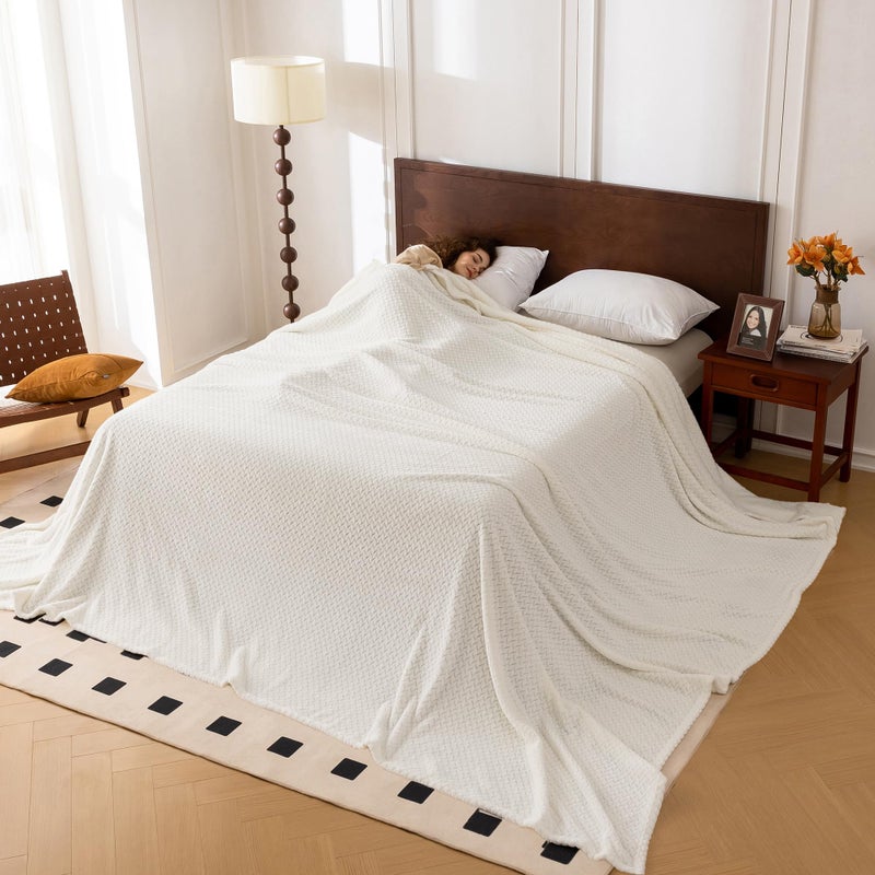 KORBLISS Oversized King Fleece Blanket 120x120 Inches, Seamless Soft Cozy 3D Jacquard Flannel Blanket 10'x10' Extra Large for Bed, Sofa, Couch, Travel & Camping, California King Throw,Ivory Leaf - Image 2