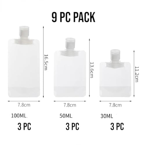 TraveEssentialz Portable Travel Squeeze Pouch (9 PC) | TSA Approved Plastic Refillable Toiletries Clear Pouch for Shampoo Conditioner Cosmetics (3 of Each Size 30ML/50ML/100ML) - Image 4