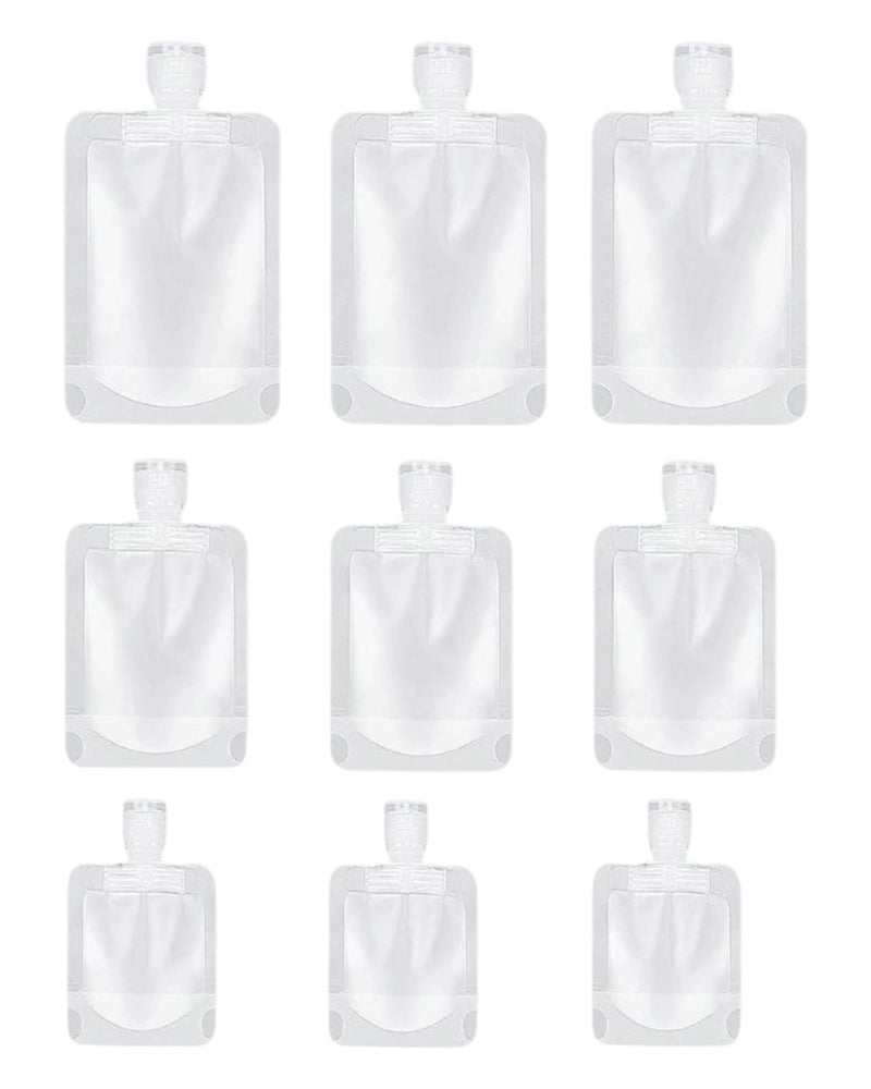 TraveEssentialz Portable Travel Squeeze Pouch (9 PC) | TSA Approved Plastic Refillable Toiletries Clear Pouch for Shampoo Conditioner Cosmetics (3 of Each Size 30ML/50ML/100ML) - Image 1